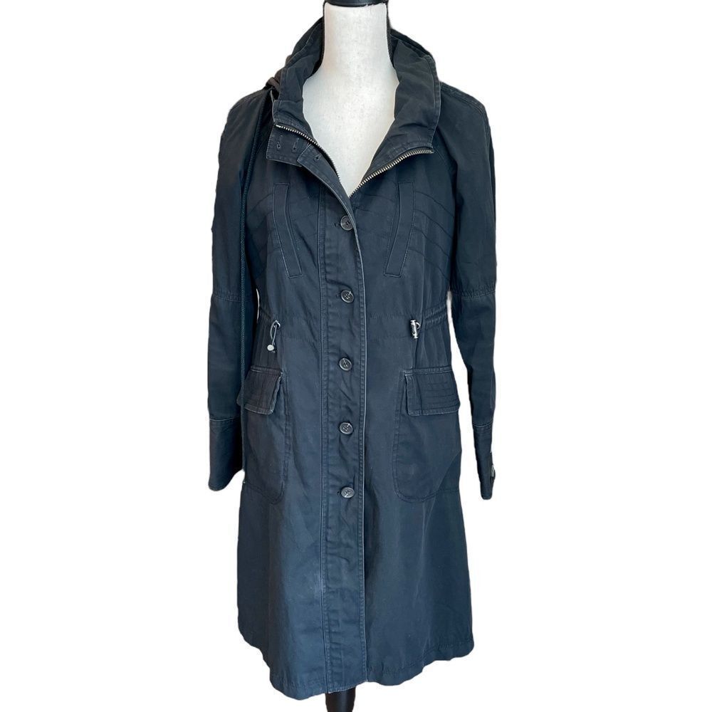 theory Womens Majendie Coat Button Up Zip Hooded Midi Jacket Black Solid S
